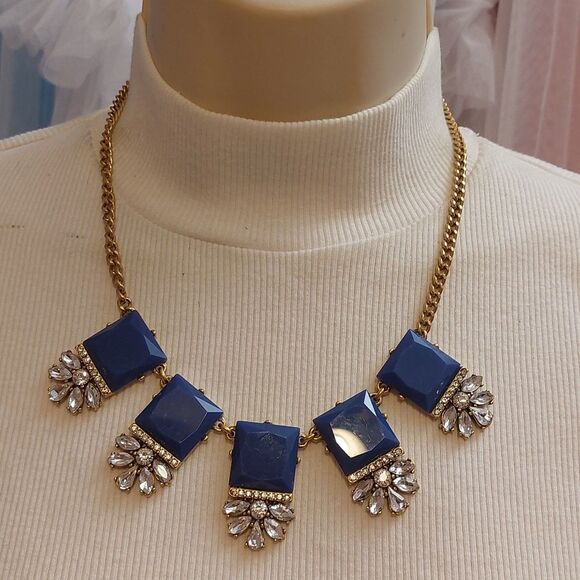 J.crew Blue and Clear Crystals Gold Tone Statement Necklace - Picture 1 of 6